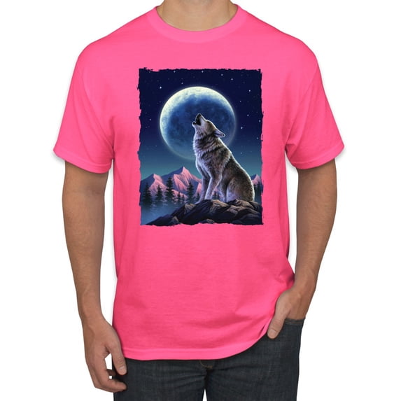 Full Moon Snow Wolf Howling Fashion Graphic T-Shirt, Neon Pink, Small