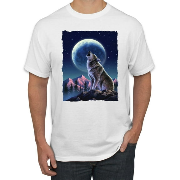 Full Moon Snow Wolf Howling Fashion Graphic T-Shirt, White, Medium