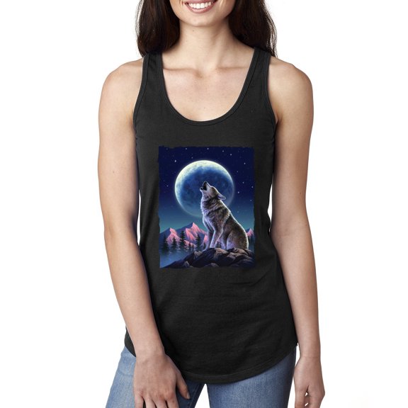 Full Moon Snow Wolf Howling Fashion Ladies Racerback Tank Top, Black, Small