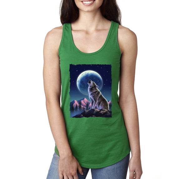 Full Moon Snow Wolf Howling Fashion Ladies Racerback Tank Top, Kelly, Small