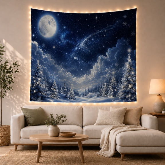 Full Moon Above a Snowy Evergreen Valley, Serene Fantasy Art for Winter Lovers, Moonlit Forest Decor, Christmas Gift, Tapestry Wall Hanging for Bedroom and Living Room