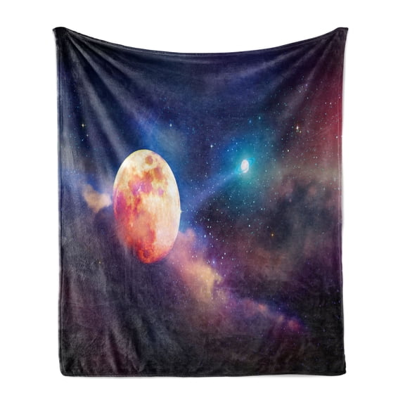 Full Moon Soft Flannel Fleece Blanket, Outer Space Art Cosmic Scene with Planets and Stars Color Transitions in the Sky, Cozy Plush for Indoor and Outdoor Use, 50" x 60", Multicolor, by Ambesonne
