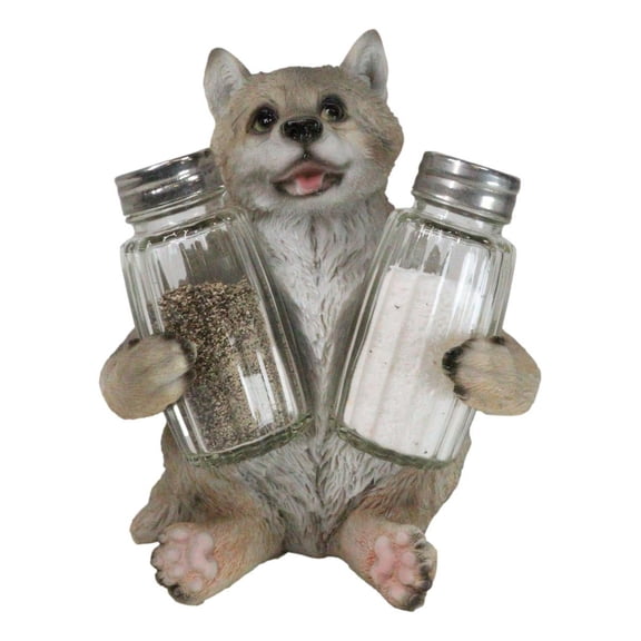Full Moon Spice Lover Gray Wolf Pup Salt and Pepper Shakers Holder Figurine