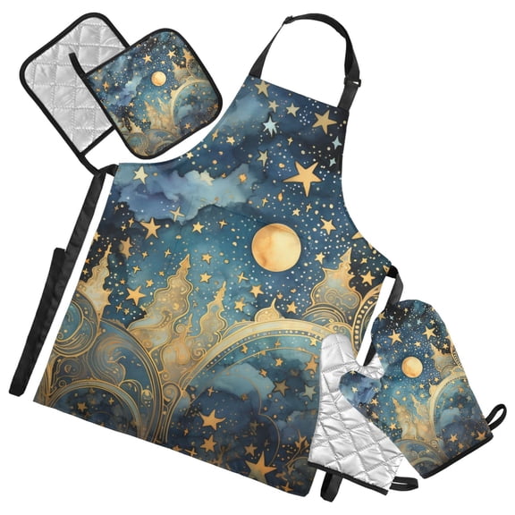 Full Moon Star Cloud 5 Pcs Kitchen Set Heat Resistant Oven Mitts and Non-Slip Pot Holders with Adjustable Cooking Apron