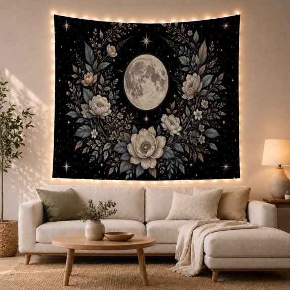 Full Moon in Starry Sky with Botanical Wreath, Mystical Celestial Art for Astronomy Lovers, Celestial Home Decor Christmas Gift, Moon Tapestry Wall Hanging for Bedroom, Living Room and Dorm