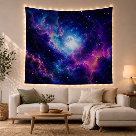 Full Moon Surrounded by Swirling Nebula in Starry Sky, Mystical Fantasy for Space Lovers, Celestial Wall Art Decor, Halloween Gift, Tapestry Wall Hanging for Living Room and Bedroom