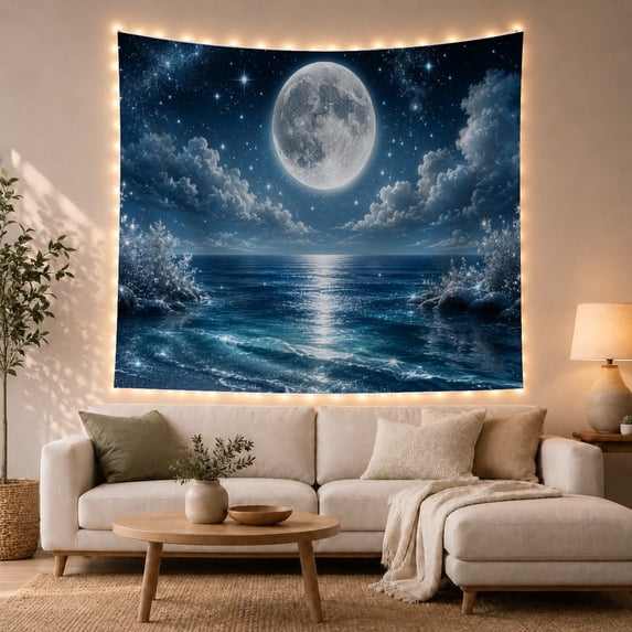 Full Moon Over Turquoise Sea Between Rocks, Dramatic Digital Art for Ocean Lovers, Ocean Night Wall Art, Housewarming Gift, Tapestry Wall Hanging for Bedroom and Living Room