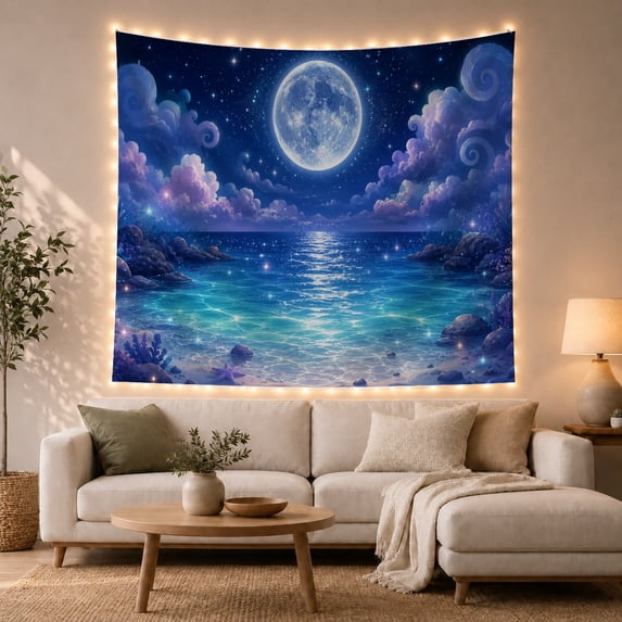 Full Moon Above Turquoise Sea Between Rocks, Mystical Fantasy for Ocean Lovers, Enchanted Coastal Art, Housewarming Gift, Tapestry Wall Hanging for Bedroom and Living Room