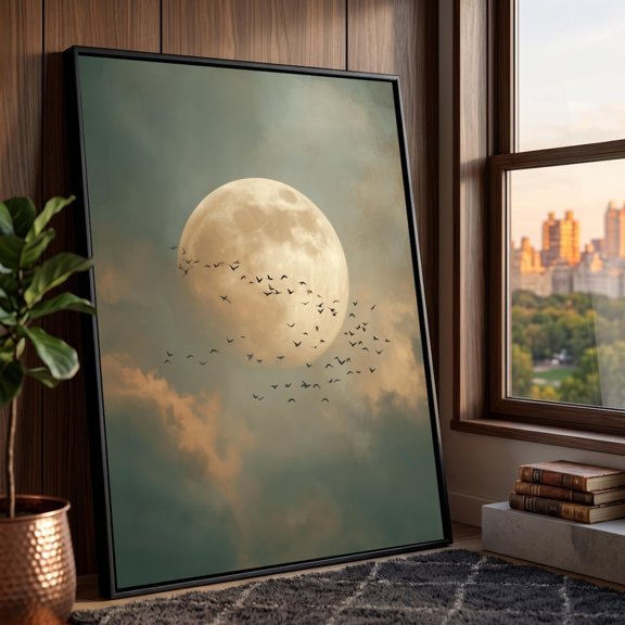 Full Moon Wall Art Migrating Birds Silhouette Moody Sky Landscape Nature Scene Art Twilight Wall Decoration, Unframed Paper Print