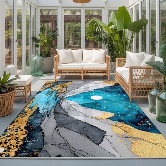 Full Moon Washable Living Room Rugs 9'x12', Nature Icy Mountains River Modern Washable Throw Large Area Rug Non-Slip Sturdy Edge Binding Carpet for Bedroom Dining Room Office