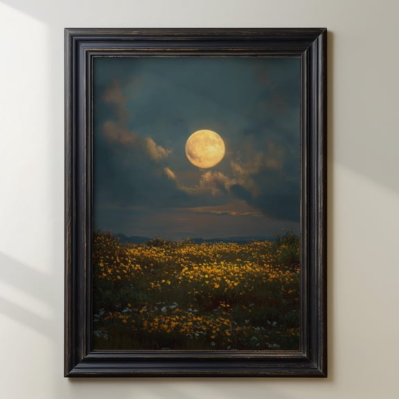 Full Moon Wildflower Landscape Poster Moonlit Meadow Wall Art Night Sky Nature Artwork Dreamy Floral Field Art Serene Botanical Decor, Poster Only