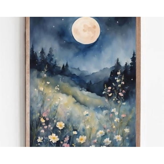 Full Moon Wildflowers Night Landscape Watercolor Style Wall Art Poster
