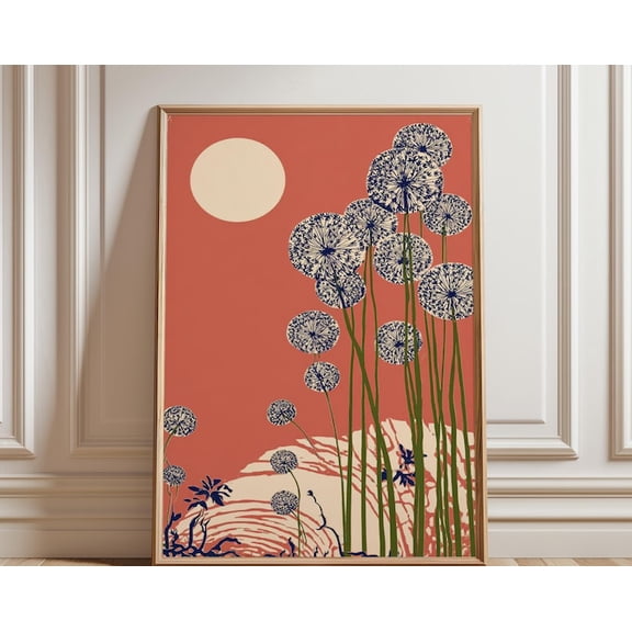 Full Moon Wildflowers Terracotta Wall Art Print, Unframed Paper Poster 8x10in
