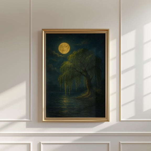 Full Moon Willow Tree Lakeshore Landscape Nature, Unframed Paper Print Size 8x12