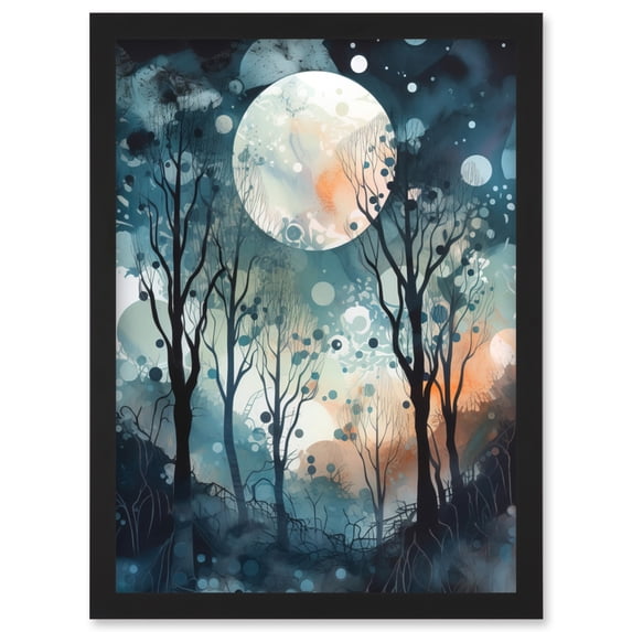 Full Moon Winter Forest Landscape Snowfall over Trees at Night Artwork Framed Wall Art Print A4