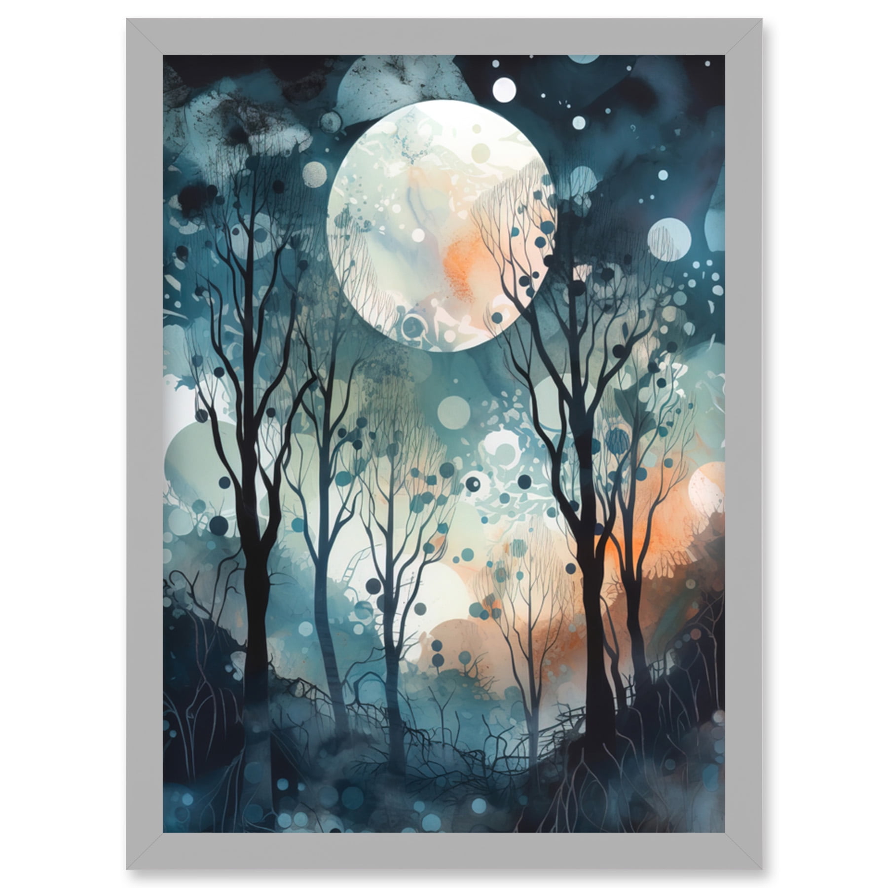Full Moon Winter Forest Landscape Snowfall over Trees at Night 