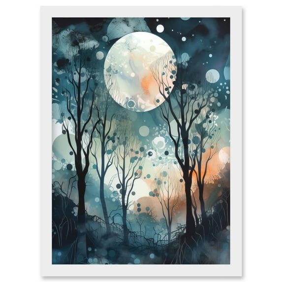 Full Moon Winter Forest Landscape Snowfall over Trees at Night Artwork Framed Wall Art Print A4
