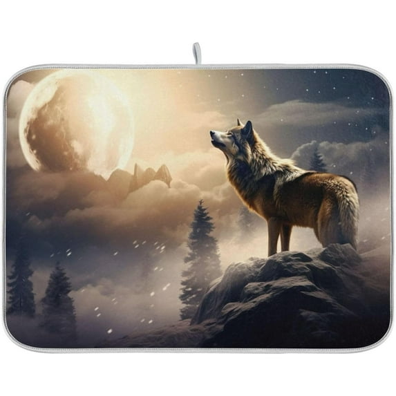 Full Moon Wolf Dish Drying Mat for Kitchen Counter, Ultra Absorbent Reversible Microfiber Dishes Drying Rack Pad Heat-resistant Mats 18x24in Home Decor