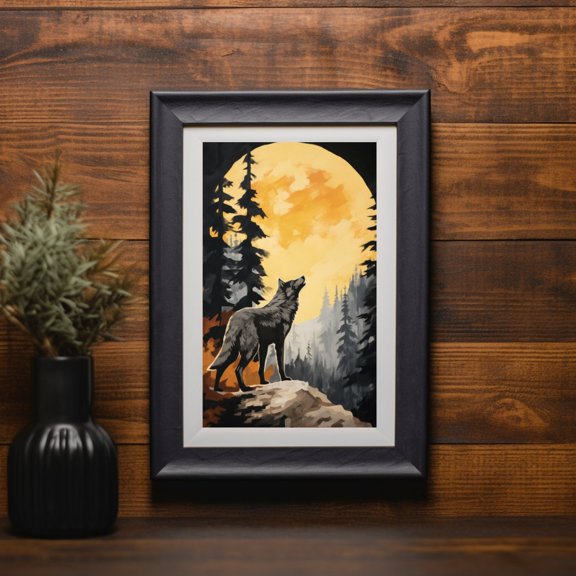 Full Moon Wolf Lodge Cabin Night Wall Decor Unframed Paper Print