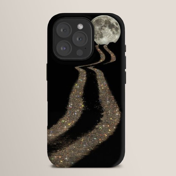 Full Moon and Glittering Winding Road Tough iPhone Case, Black, Silver and Gold, Dual-Layer Polycarbonate and TPU