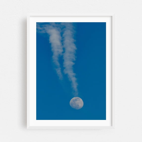 Full Moon with Contrails - Pennsylvania Photography Moon Nature Space Astronomy Surrealism White Framed Wall Art Print 24 x 36 inches
