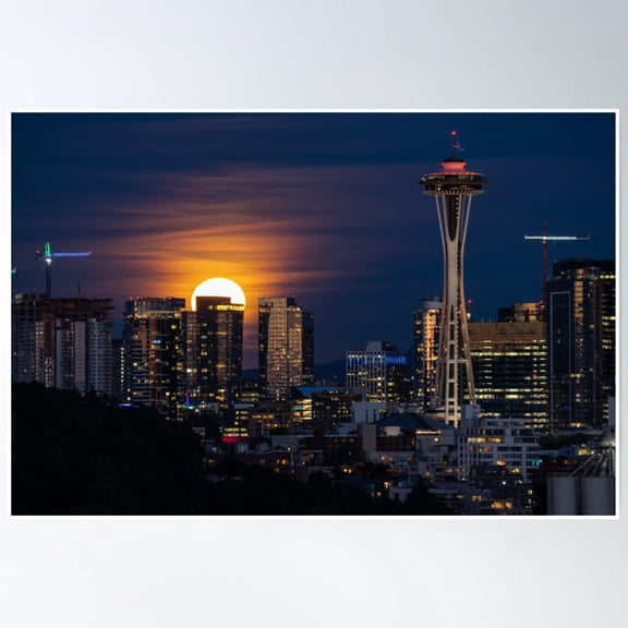 Full Moonrise Over Seattle Poster Wall Art, Modern Wall Decor, 16x24 UNFRAMED