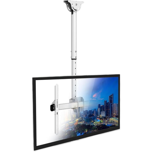 Full Motion Ceiling TV Mount Bracket, Adjustable Height 360 Deg Swivel Tilt Mount for Home and Commercial Use, Fits up to 75 Inch TVs, 110 Pound Capacity, White