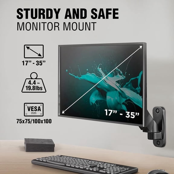 Full Motion Swivel Monitor Wall Mount Stand Gas Spring for 17 to 35 Inch Display with Arm Extension 15 Inches Computer Monitor Bracket F410 Black