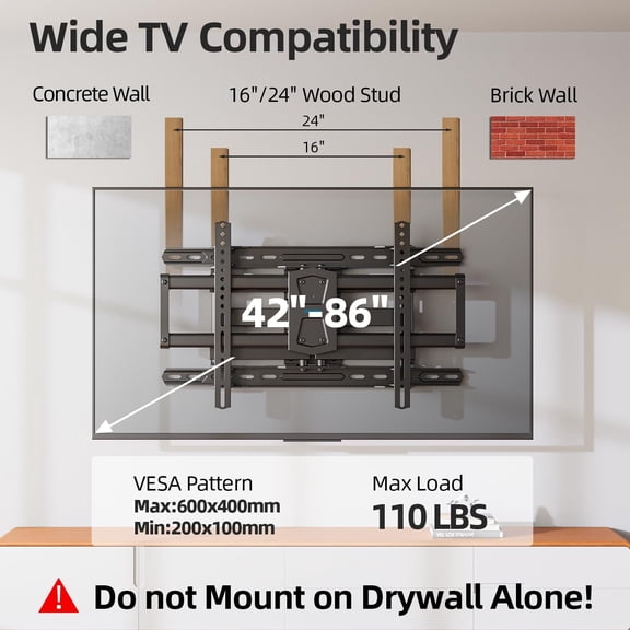 Full Motion TV Wall Mount 24 inch Studs for Most 42-86 Inch TVs, Adjustable TV Wall Mount Swivel and Tilt, Loading 110 LBS, Max VESA 600x400mm, Fits 16", 18", 24" Studs
