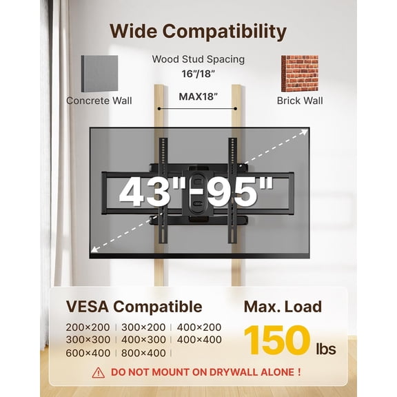Full Motion TV Wall Mount for 43"95" TVs, Pre-Assembled & up to 150lbs, Heavy Duty TV Mount Bracket with Tool-Free Tilt/Swivel/Extension, Max VESA 800x400, Fits 16"/18" Studs, HW1242BK