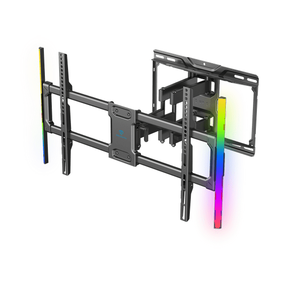 PERLESMITH Full Motion TV Wall Mount for 37-86 TVs up to 132lbs. Features RGB/LED Lights, Swivel, Tilt, Leveling, Extension, VESA Compatible 200x100-600x400mm, Fits 12&16 On Center Wood Stud Widths