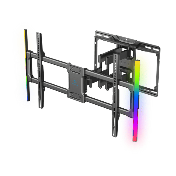 PERLESMITH Full Motion TV Wall Mount for 37-86 TVs up to 132lbs. Features RGB/LED Lights, Swivel, Tilt, Leveling, Extension, VESA Compatible 200x100-600x400mm, Fits 12&16 On Center Wood Stud Widths