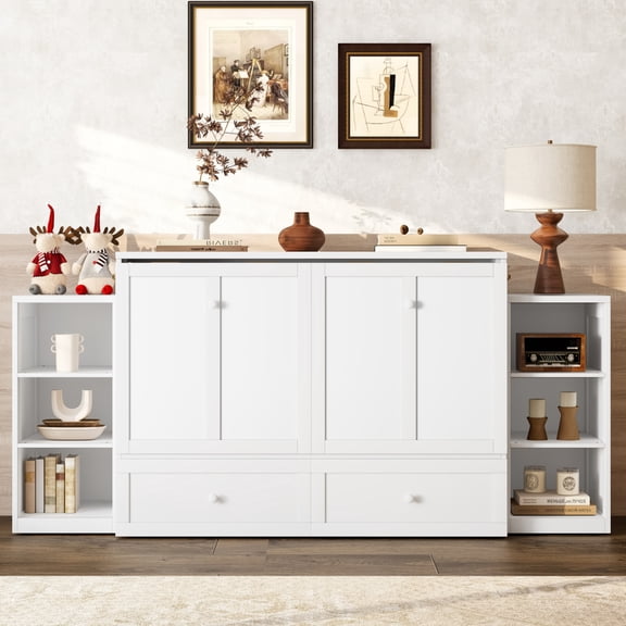 Full Murphy Bed Cabinet with Open Storage Shelves & Drawers, Wood Queen Wall Bed Cabinet Bed, Foldable Platform Beds for Guest Room, Bedroom, White