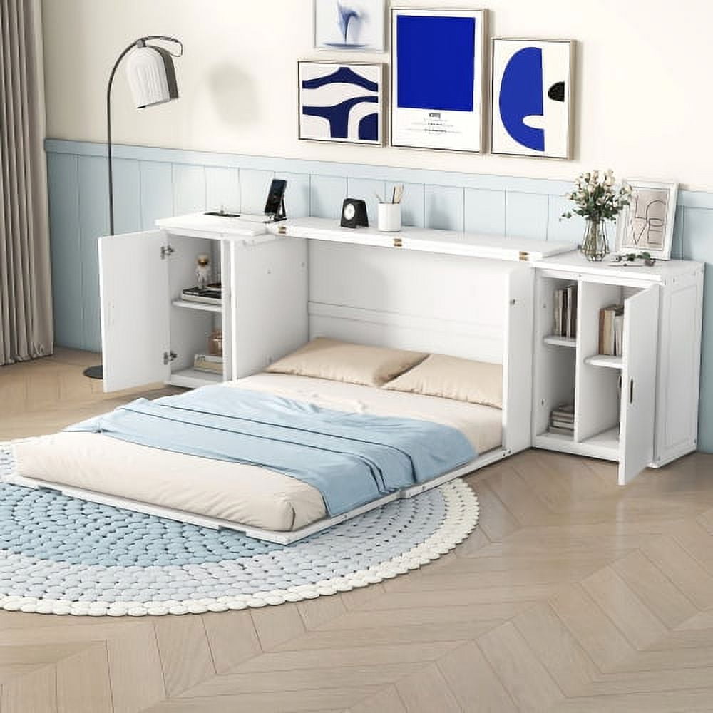 Full Murphy Bed Foldable into Cabinet, Modern Wall Bed with Shelves ...