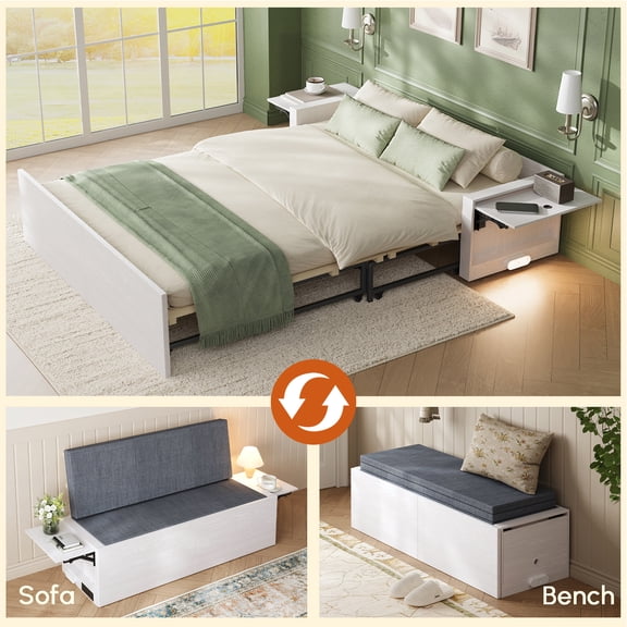 Full Murphy Bed with Mattress,Full Size Cabinet Bed with Folding Nightstand and Charging Station & LED Light,Multifunctional Space-Saving Wall Bed for Bedroom, Guest Room,Office,White