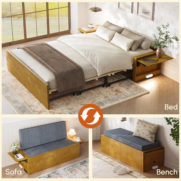 Full Murphy Bed with Mattress,Full Size Cabinet Bed with Folding Nightstand and Charging Station & LED Light,Multifunctional Space-Saving Wall Bed for Bedroom, Guest Room,Office,Oak