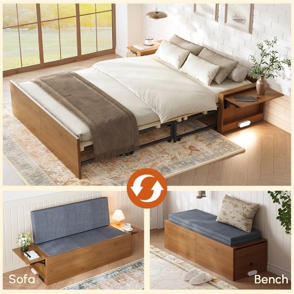 Full Murphy Bed with Mattress,Full Size Cabinet Bed with Folding Nightstand and Charging Station & LED Light,Multifunctional Space-Saving Wall Bed for Bedroom, Guest Room,Office,Brown