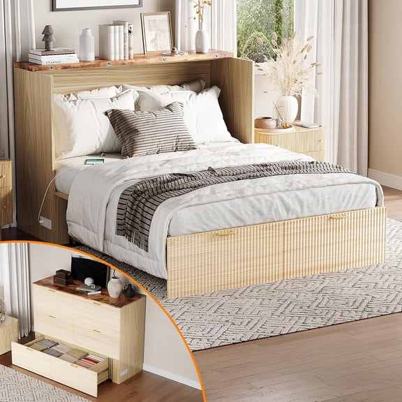 Full Murphy Bed with Storage Drawer,2 Charging Station,Fluted Wooden Foldable Bed Cabinet,Boho,Hideaway Paltform Panel Bed for Small Spaces,Guest Room,Office,Apartment,Beige