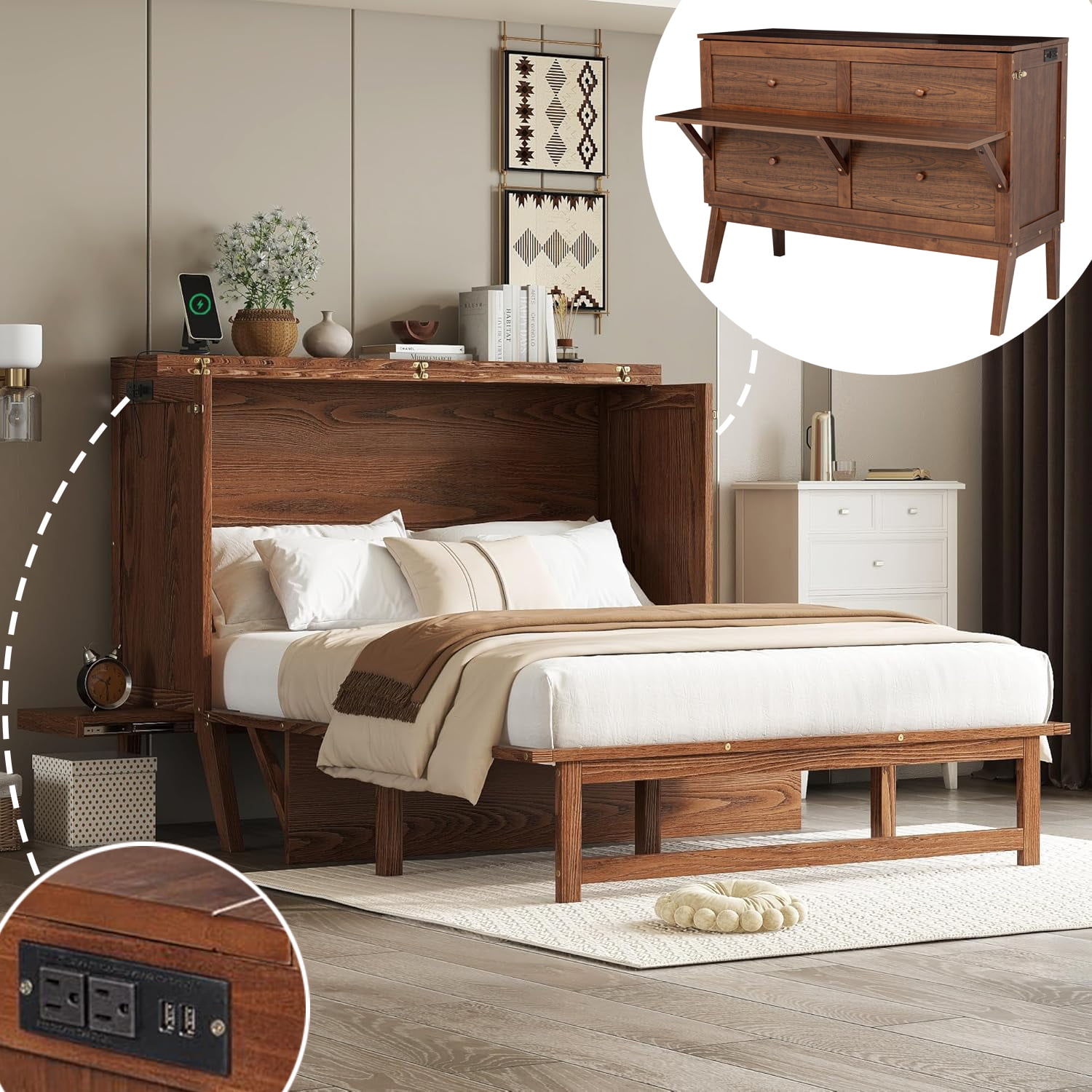 Full Murphy Bed with Storage Drawer and Charging Station, USB Port ...
