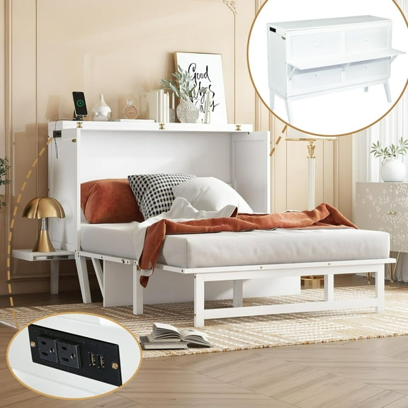 Full Murphy Bed with Storage Drawer and Charging Station, USB Port, Solid Pine Cabinet Bedframe with Removable Nightstand Shelves, Chest Bed for Guest Room, White