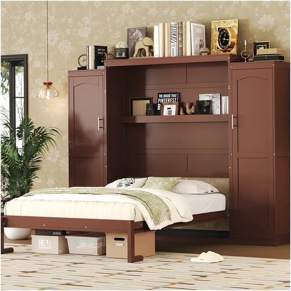 Full Murphy Bed with Dual Wardrobes, Space-Saving Wall Bed with Storage Shelves, Foldable Platform Bed Frame in Walnut Finish for Bedroom, Office