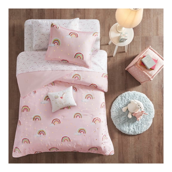 Full Natalie Rainbow with Metallic Printed Stars Kids' Comforter Set with Bed Sheets Pink: Hypoallergenic, OEKO-TEX Certified