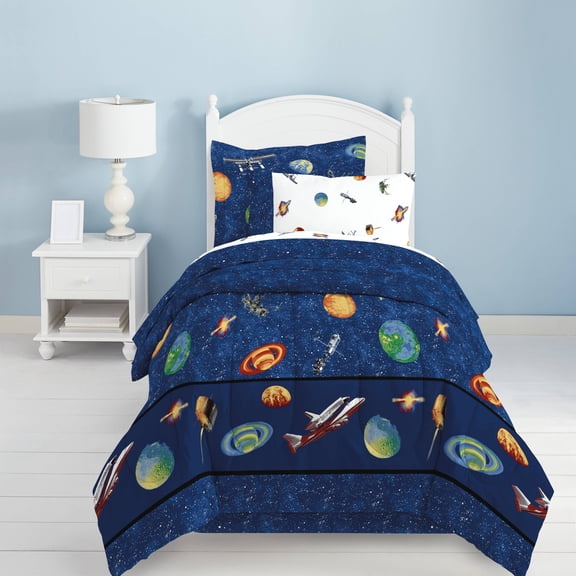 Full Outer Space Mini Kids' Bed in a Bag Blue: 7-Piece Bedding Set, Space Theme, Cotton & Microfiber