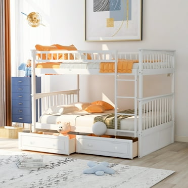 Full Over Full Bunk Bed with 2 Storage Drawers, Wooden Storage Bed Frame with Guardrails and Ladders, for Kids Teens Adults, Can be Convertible into Beds, White
