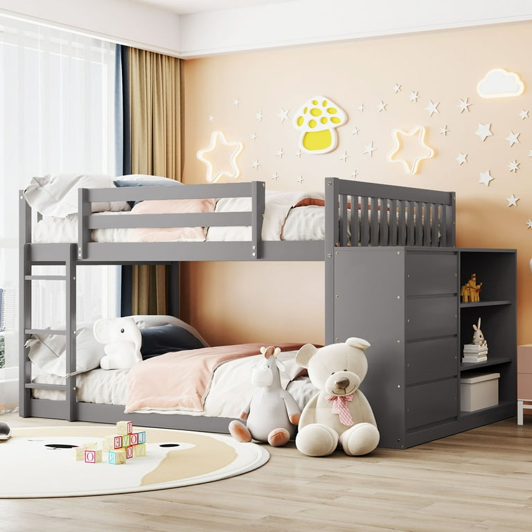 Full Over Full Bunk Bed with 4 Drawers and 3 Shelves Solid Wood Bunk Bed Frame with Ladder and Full Length Guardrail Convertible Floor Bunk Bed for