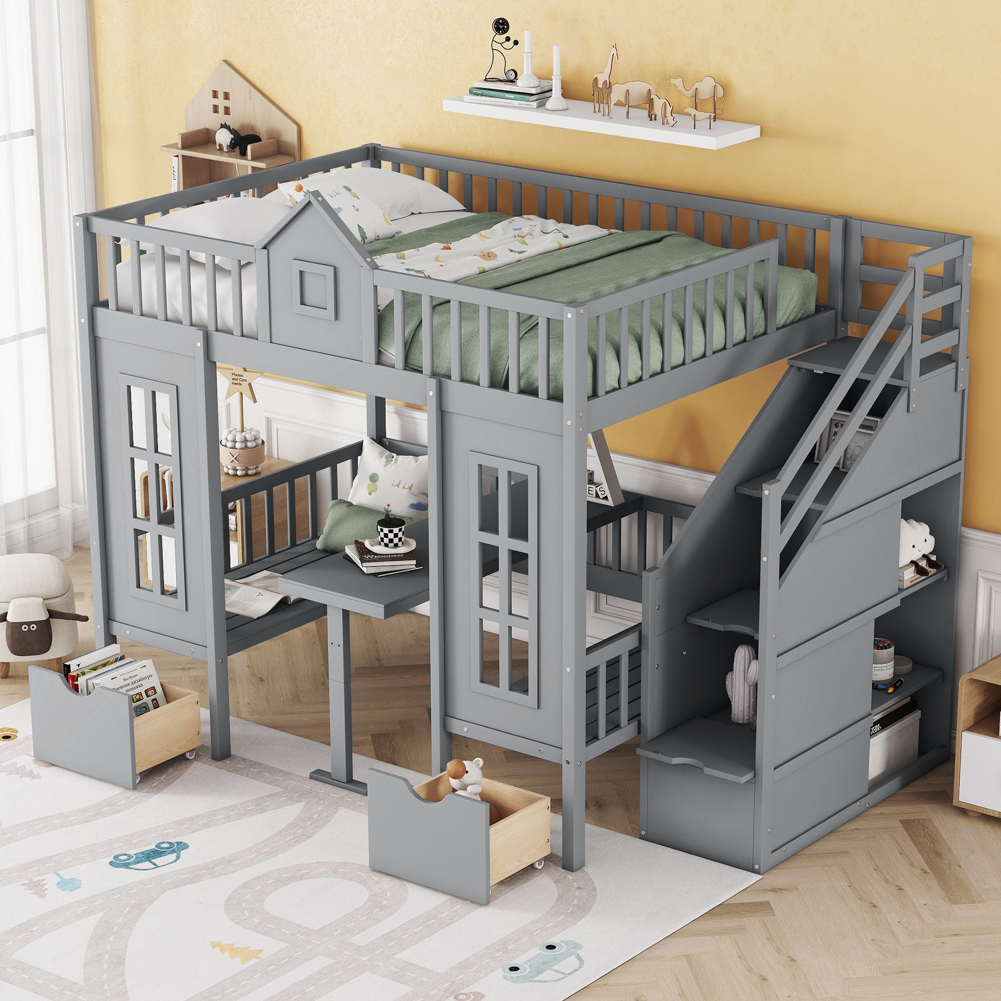 Full Over Full Bunk Bed with Changeable Table for Boys/Girls/Teens ...