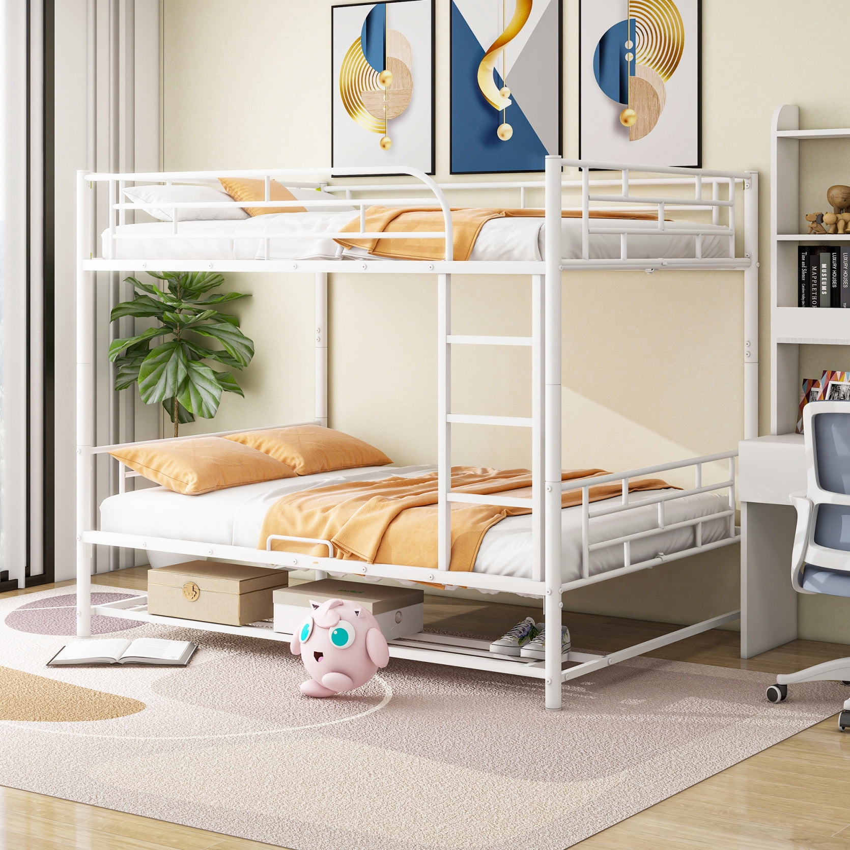 Full Over Full Bunk Bed for Kids, Teens Adults, Metal Bunkbed with Shoe