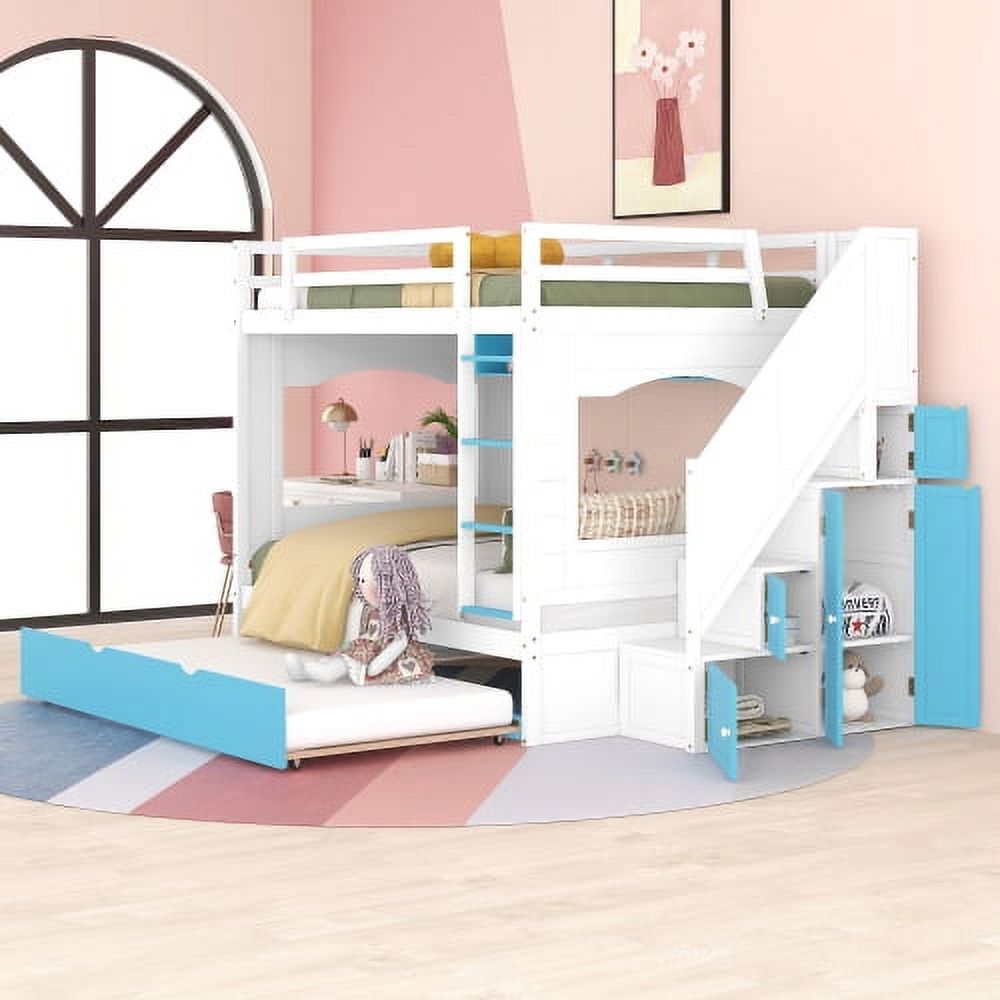 Full Over Full Bunk Bed with Pullout Trundle, Solid Wood Bunk Bed with Storage and