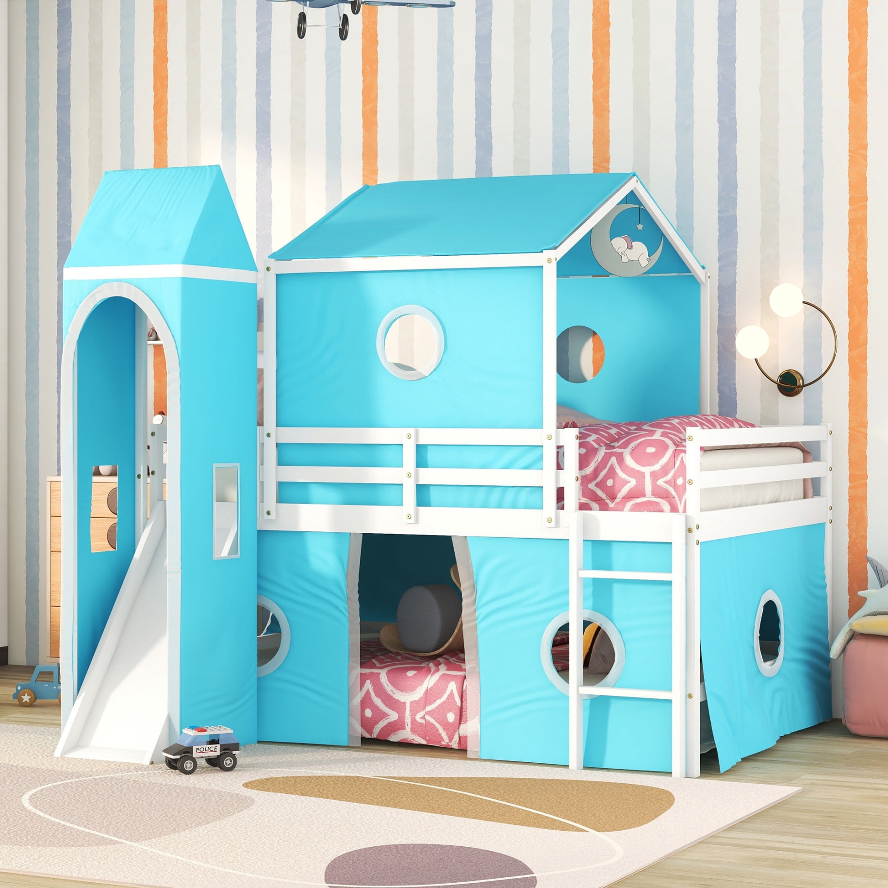 Full Over Full Bunk Bed with Slide, Full Size Bed with Tent and Tower