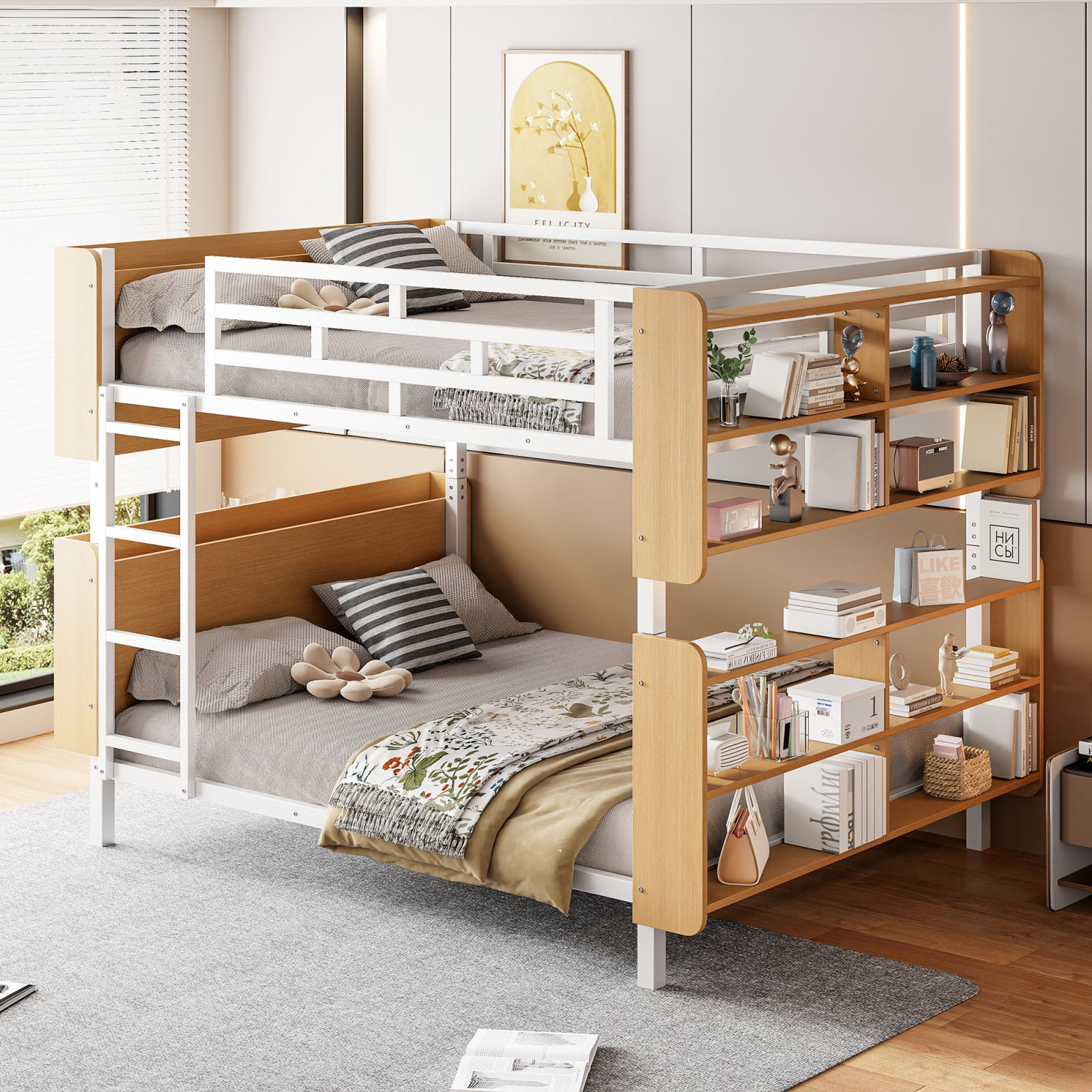 Full Over Full Bunk Bed with Storage Shelves, Metal Bunk Bed with